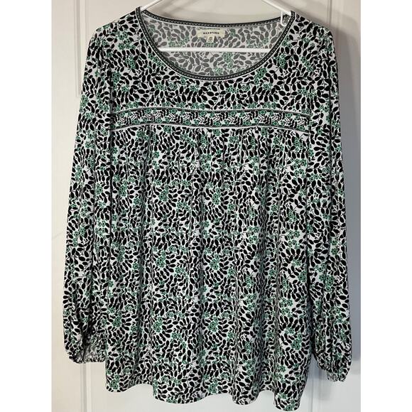 Max Studio Tops - Max Studio Green Black White Floral Long-sleeve Soft Peasant Top 2X